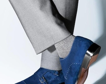 Handmade Blue Suede Leather Double Monk Strap Shoes Top Notch Fashion