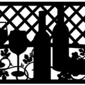 May include: Black silhouette of a decorative metal panel featuring wine glasses, bottles, and a pitcher. The design includes grape vines and a trellis background, creating a wine-themed aesthetic. The panel is suitable for outdoor or indoor use.