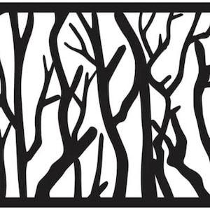 May include: Black laser-cut decorative panel featuring a stylized tree branch design. The panel has a rectangular shape and is suitable for interior or exterior use. The branches create a negative space pattern against a white background.