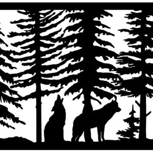 May include: Black silhouette of a forest scene with pine trees and two wolves. One wolf is howling, and the other is standing. The image is a decorative piece, possibly for wall art or a similar craft.
