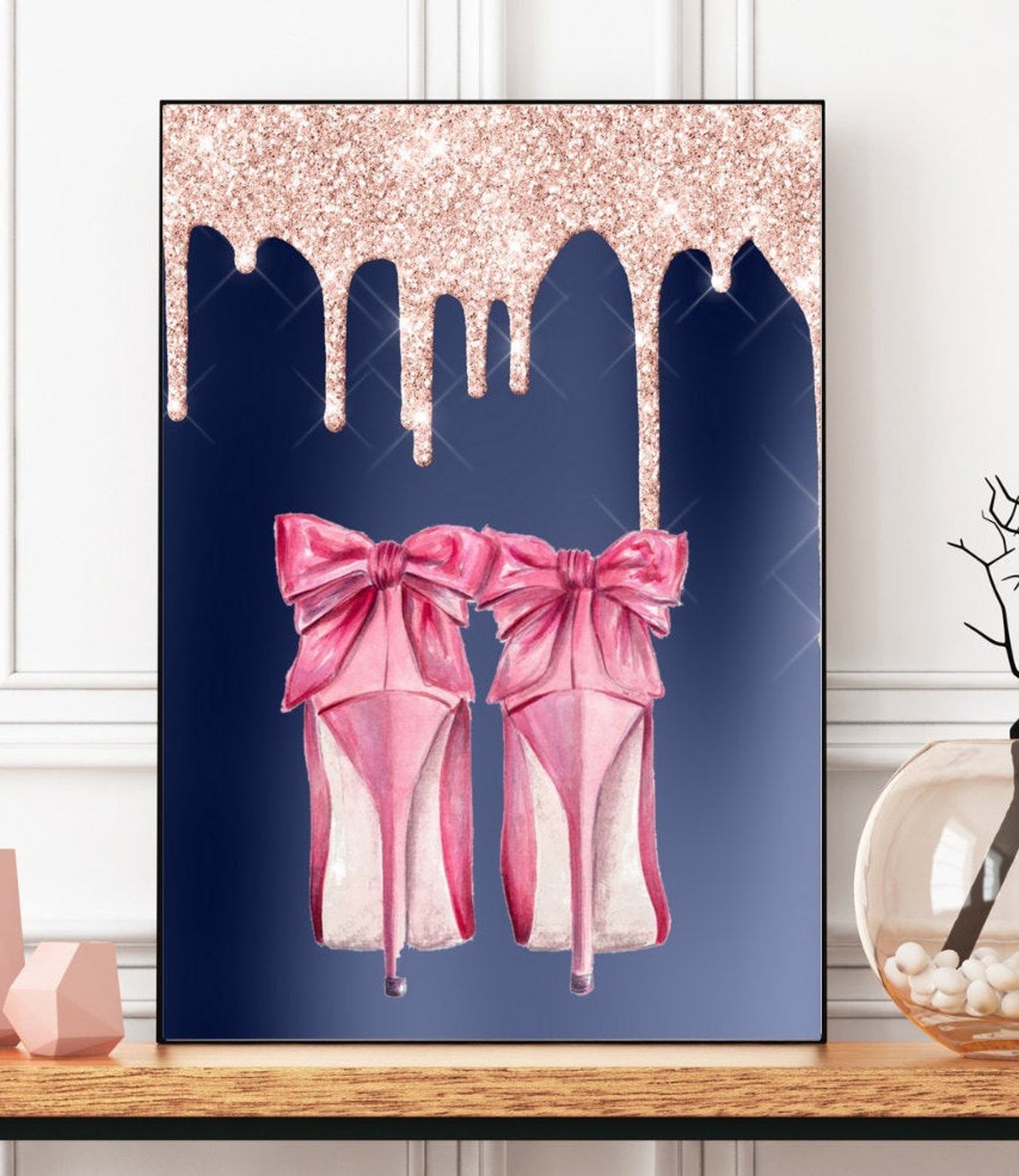Glitter Wall Art Navy Blue Blush FASHION PRINT Bedroom Home Etsy