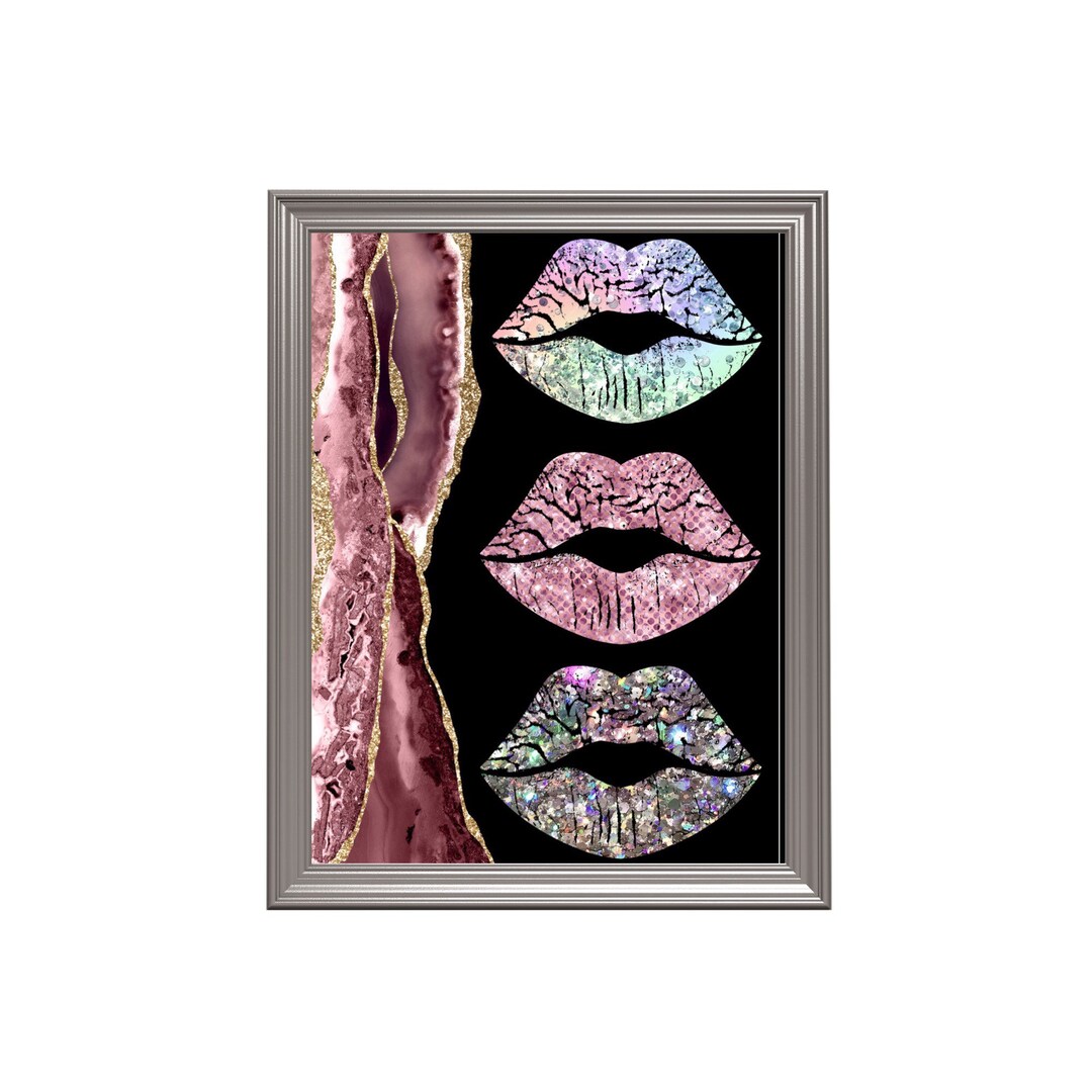 Pink Glitter Wall Art Silver Holographic Lips PRINT Agate Etsy France