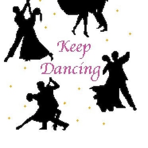 May include: Silhouettes of four couples dancing with the text "Keep Dancing" in pink lettering on a white background with gold stars.