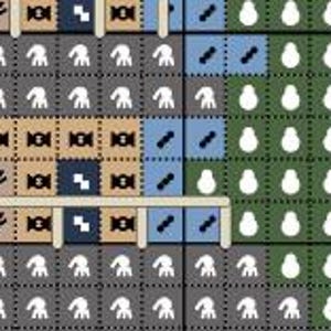 May include: A digital cross stitch pattern chart featuring a grid layout with distinct color-coded sections. The design includes tan, dark blue, light blue, dark gray, and green squares, each marked with white or black symbols representing specific stitches.
