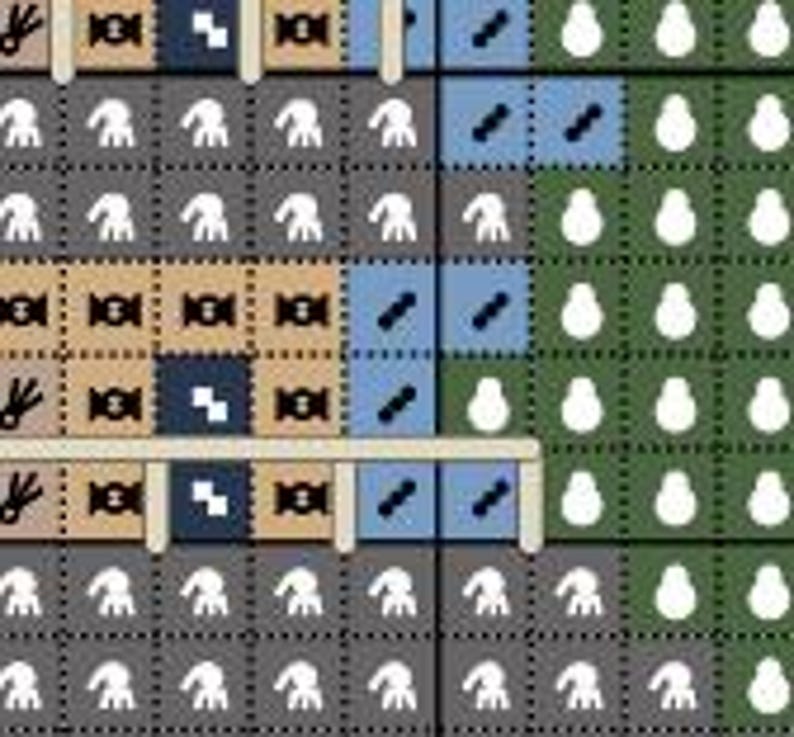 May include: A digital cross stitch pattern chart featuring a grid layout with distinct color-coded sections. The design includes tan, dark blue, light blue, dark gray, and green squares, each marked with white or black symbols representing specific stitches.