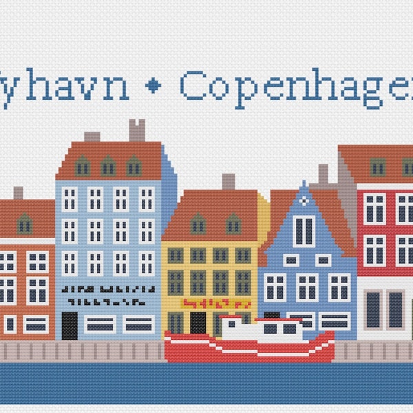 Könnte beinhalten: Ein Kreuzstichmuster mit bunten Gebäuden in Nyhavn, Kopenhagen, Dänemark. Die Gebäude sind rot, gelb, blau und weiß. Ein rotes Boot befindet sich im Wasser vor den Gebäuden.