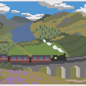 Peut inclure: Image de paysage en point de croix représentant un train rouge et noir traversant un pont de pierre. Le fond montre des montagnes, un lac et un ciel bleu avec des nuages. Style de broderie.