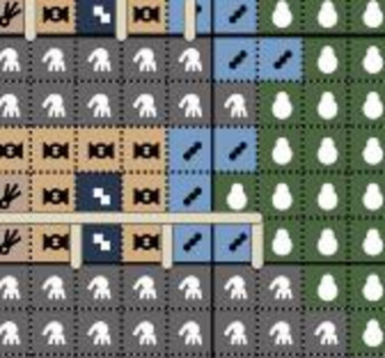 Op de afbeelding: Een close-up van een kruissteekpatroon met een tuin thema. Het ontwerp bevat verschillende kleurblokken, waaronder grijs, beige, blauw en groen, met kleine, gestileerde afbeeldingen van planten en tuingereedschap. Het patroon is ingewikkeld en gedetailleerd.