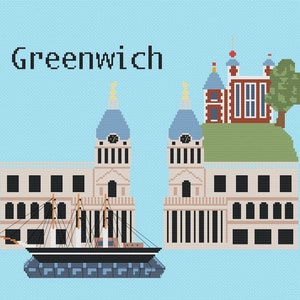 May include: A pixel art illustration of the Greenwich Royal Naval College in London, England. The image features two white buildings with blue domes and clocks, a red brick building with a green roof, and a black ship in the water.