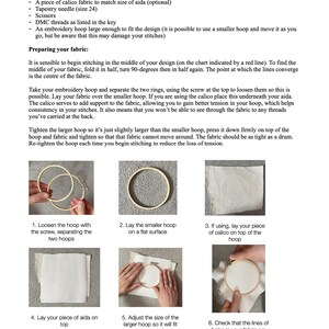May include: An instructional guide for embroidery featuring text and six numbered images. The document lists equipment including 32cm x 22cm aida fabric, needles, scissors, and hoops, with step-by-step visual instructions for preparing fabric in a hoop.