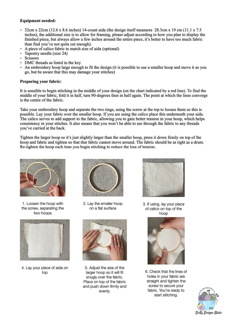 May include: An instructional guide for embroidery featuring text and six numbered images. The document lists equipment including 32cm x 22cm aida fabric, needles, scissors, and hoops, with step-by-step visual instructions for preparing fabric in a hoop.
