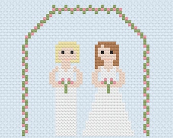 Mrs and Mrs brides wedding cross stitch pattern PDF download includes lettering and numbers for personalisation