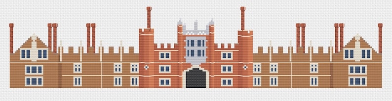 May include: A pixelated illustration of a red brick building with a gray roof and multiple chimneys. The building has a symmetrical design with a central entrance and windows on each side.