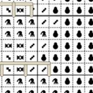 Op de afbeelding: Close-up van een kruissteekpatroon met diverse symbolen en vormen. Het patroon bevat kleine zwarte figuren, diagonale lijnen en andere geometrische ontwerpen. De achtergrond is een raster van witte vierkanten.