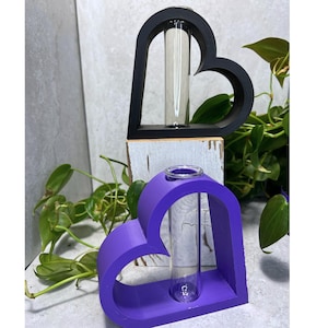 Peut inclure: Deux vases à bourgeons en forme de cœur. L'un est noir, l'autre violet. Chaque vase contient un tube en verre transparent. Le vase noir repose sur un bloc de bois blanc. Des plantes vertes sont visibles en arrière-plan. Les vases sont décoratifs.