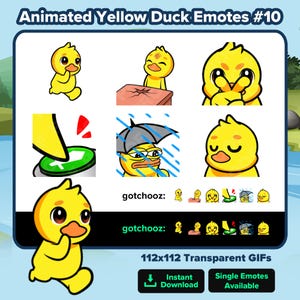 Può includere: Una collezione di emoji animate di anatre gialle in varie pose, tra cui una sotto un ombrello e un'altra che preme un pulsante. Il testo "Animated Yellow Duck Emotes #10" e "gotchooz" sono visibili. Le GIF sono 112x112 pixel.