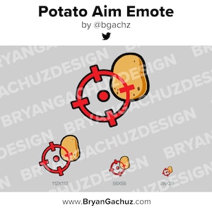 May include: A red target with a crosshair and a brown potato in the center. The target is outlined in black. The image is titled "Potato Aim Emote" with the text "by @bgachz" below the title.