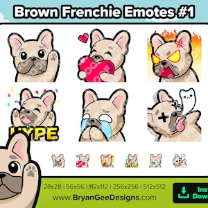 Brązowy Buldog Francuski Twitch Emotki Fala Miłość Serce Wściekłość Zły HYPE Smutny Płacz RIP dla Streaming Youtube Discord TikTok P2U Gotowe Emotki