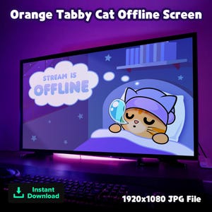 Peut inclure: Écran numérique affichant un chat tabby orange endormi dans un lit, portant un bonnet de nuit violet. L'écran affiche "Stream is Offline" dans une bulle de pensée en forme de nuage. L'image est étiquetée "Téléchargement instantané" et "Fichier JPG 1920x1080".