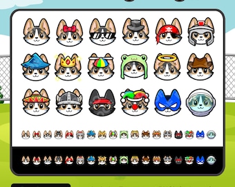 Könnte beinhalten: Ein Satz von 24 digitalen Abzeichen mit einem Cartoon-Corgi-Hund, der verschiedene Hüte und Accessoires trägt. Die Abzeichen sind in vier Größen erhältlich: 18x18 Pixel, 36x36 Pixel, 72x72 Pixel und 512x512 Pixel.