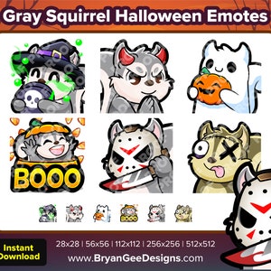 May include: A set of nine Halloween-themed emotes featuring a grey squirrel in various costumes and poses. The emotes include a squirrel wearing a witch's hat, a devil costume, a pumpkin costume, a hockey mask, and a stitched-up face. The emotes are available in five different sizes: 28x28, 56x56, 112x112, 256x256, and 512x512.