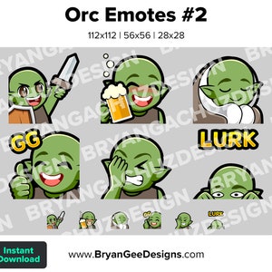 Chibi Kawaii Orc / Goblin Sword, Cheers, Cozy, GG, Facepalm and Lurk Emotes for Twitch, Discord or Youtube