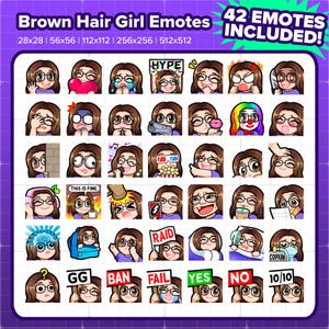 Paquete MEGA de emoticones de Twitch para chica de cabello castaño con anteojos para transmisión, emoticones de YouTube, emoticones de Discord, emoticones de patadas, emoticones de TikTok, emoticones de Rumble
