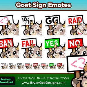 Goat Emotes Heart Sign 10 Sign GG Sign Raid Sign Ban Sign Fail Sign Yes Sign No Sign for Twitch Youtube Discord TikTok for Streaming
