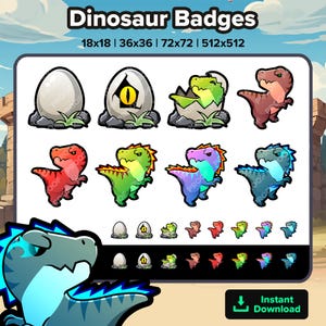 Puede incluir: Una colección de insignias de dinosaurios en varios colores, incluyendo rojo, verde, morado y azul. Las insignias presentan huevos de dinosaurio y dinosaurios de dibujos animados. El texto "Dinosaur Badges" y las dimensiones están en la parte superior, con "Instant Download" en la parte inferior.