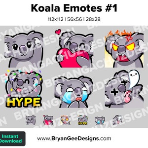 Koala Twitch Emotes for Streaming Wave Love Rage HYPE Sad RIP Youtube Emotes Discord Stickers