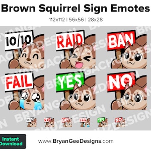 Cute Chibi Kawaii Brown Squirrel 10/10, Raid, Ban, Fail, Yes and No Sign Emotes for Twitch, Discord or Youtube