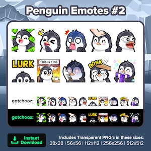 Penguin Twitch Emotes Dono Laughing Scared Head Pat POG Lurk This is Fine Hit Evil Knife Gift for Streaming Youtube Discord TikTok P2U