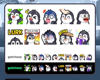 Penguin Twitch Emotes Dono Laughing Scared Head Pat POG Lurk This is Fine Hit Evil Knife Gift for Streaming Youtube Discord TikTok P2U