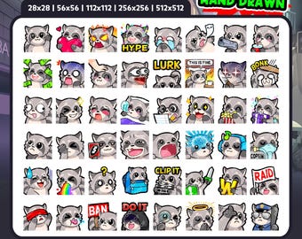 Raccoon Emotes 48 Pack for Twitch, Discord & YouTube | Cute Raccoon Streamer Emotes | Digital Download | Kawaii Raccoon