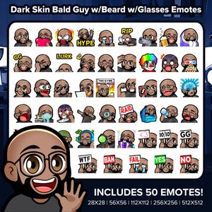 Bald Dark Skin Guy with Beard with Glasses Twitch Emotes MEGA Bundle for Streaming | Emotes for Youtube, Discord, Kick, TikTok, Rumble | P2U