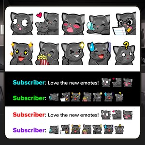 Puede incluir: Colecci&oacute;n de emoticonos de gatos grises con diversas expresiones, incluyendo corazones, l&aacute;grimas y signos de interrogaci&oacute;n. El texto "Subscriber: Love the new emotes!" se muestra debajo. Los emoticonos est&aacute;n dise&ntilde;ados para uso en l&iacute;nea.