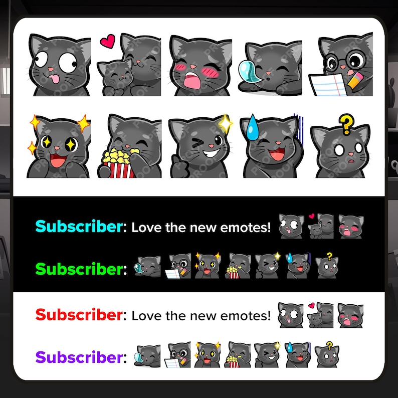 Puede incluir: Colecci&oacute;n de emoticonos de gatos grises con diversas expresiones, incluyendo corazones, l&aacute;grimas y signos de interrogaci&oacute;n. El texto "Subscriber: Love the new emotes!" se muestra debajo. Los emoticonos est&aacute;n dise&ntilde;ados para uso en l&iacute;nea.