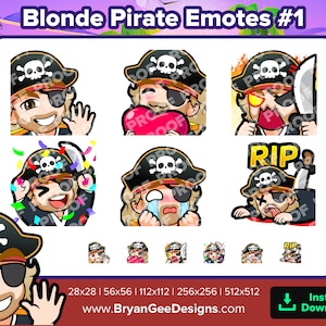 Pirata Twitch Emote Capelli biondi Onda Amore Cuore Rage Arrabbiato HYPE Celebra il pianto triste RIP per lo streaming Youtube Discordia Tiktok Emote premade