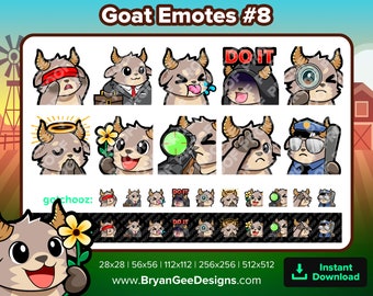 Goat Twitch Emotes Blind Business Tongue Do It Magnifying Glass Pray Flower Sniper L Cop for Streaming Youtube, Discord, Kick, Rumble Emotes