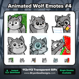 Könnte beinhalten: Animierte Wolf-Emojis in verschiedenen Posen, darunter durch eine Lupe schauen, einen Bleistift und ein Notizbuch halten und überrascht aussehen. Die Emojis sind in einem Rasterformat mit weißem Hintergrund und schwarzem Rand angeordnet. Der Text "Animated Wolf Emotes #4" befindet sich oben im Bild. Der Text "112x112 Transparent GIFs" befindet sich in der Mitte des Bildes. Der Text "www.BryanGeeDesigns.com" befindet sich unter dem Text "112x112 Transparent GIFs". Der Text "Single Emotes Available" befindet sich rechts im Bild.
