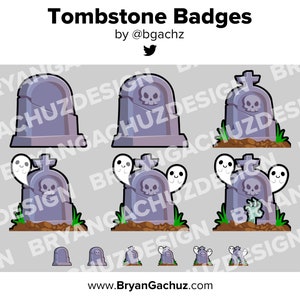 Puede incluir: Conjunto de ocho insignias digitales que presentan una lápida de dibujos animados con una calavera y huesos cruzados. La lápida está rodeada de hierba y un fantasma asoma por detrás. Las insignias están diseñadas para su uso en redes sociales o en comunidades en línea.