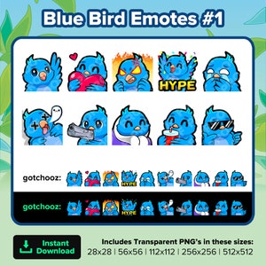 Blue Bird Twitch Emotes Wave Love Heart Rage Angry HYPE Sad Cry RIP Gun Cozy Sip Cool para transmitir Youtube, Discord, TikTok, Kick, Rumble