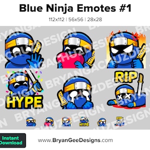 Blue Ninja Twitch Emotes for Streaming Wave Love Rage HYPE Sad RIP Youtube Emotes Discord Stickers