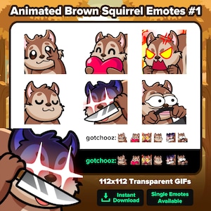 Może przedstawiać: Zestaw animowanych emotikonów brązowej wiewiórki z różnymi wyrazami twarzy, w tym trzymaniem serca, gniewnym wyglądem i trzymaniem noża. Tekst "Animated Brown Squirrel Emotes #1" znajduje się na górze. Emotikony to przezroczyste pliki GIF 112x112.