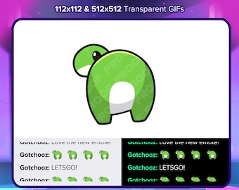 May include: Animated green Nessie twerk emote. The image features a green cartoon Nessie with a white belly, in a twerking pose. The text reads "Gotchooz: LETSGO!" and "Instant Download". The image is designed for use as a GIF.