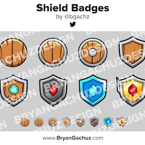 May include: Set of eight cartoon shield badges featuring various coloured gems and wooden shield designs. The shields are arranged in a grid pattern with the text "Shield Badges" and "by @bgachz" at the top of the image.