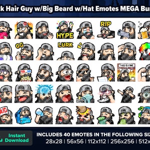 Black Hair Guy with Big Beard with Hat Twitch Emotes MEGA Bundle for Streaming, Youtube Emotes, Discord Emotes, Kick Emotes, TikTok Emotes