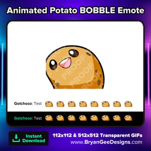 Può includere: GIF animato di una patata marrone con un viso sorridente che scuote la testa. Il GIF è disponibile in due dimensioni: 112x112 pixel e 512x512 pixel. Il testo "Gotchooz: Test" appare due volte nell'immagine.