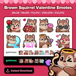 May include: A set of nine animated Valentine's Day emotes featuring a brown squirrel in various poses. The emotes include a squirrel holding a rose, a squirrel holding a box of chocolates, a squirrel blowing a kiss, a squirrel wearing sunglasses, a squirrel hugging a blue heart, a squirrel holding a sign that says "ILY", a squirrel with an angel halo and an arrow, a squirrel with hearts around its eyes, and a squirrel with an angel halo and an arrow.
