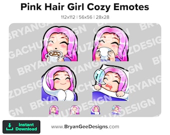 Cute Chibi Kawaii Cocoa, SIP, Cozy and Sleep Pink Hair Girl Emotes for Twitch, Discord or Youtube